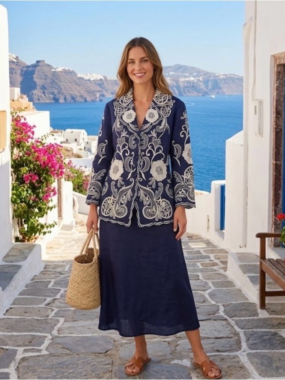 🔴 Embroidered Navy Midi Dress and Jacket Set